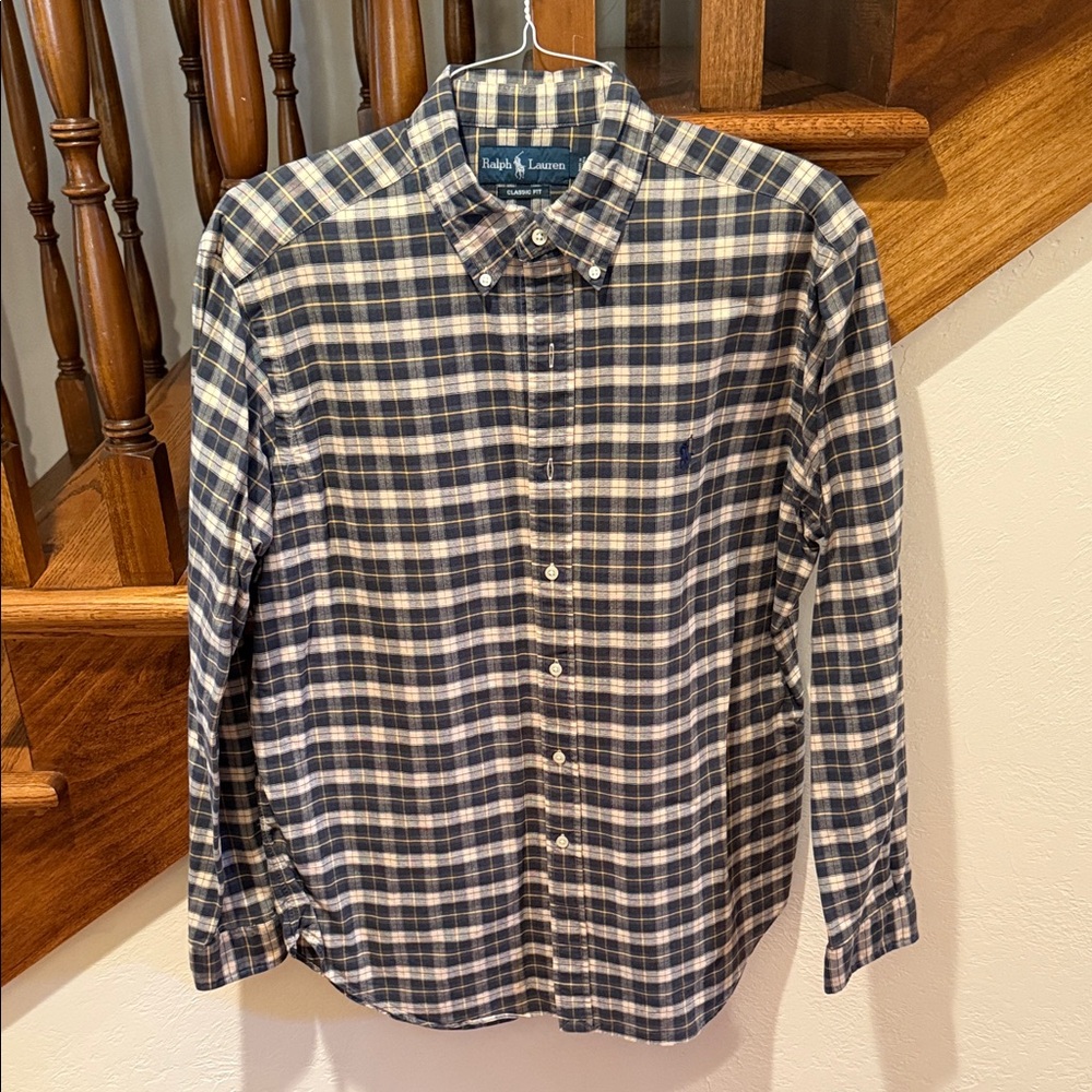 Ralph Lauren Men's Navy and Cream Checkered Shirt